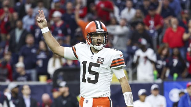 Dec 24, 2023; Houston, Texas, USA; Cleveland Browns quarterback Joe Flacco (15) reacts after a touchdown during the first quarter against the Houston Texans at NRG Stadium. Mandatory Credit: Troy Taormina-USA TODAY Sports